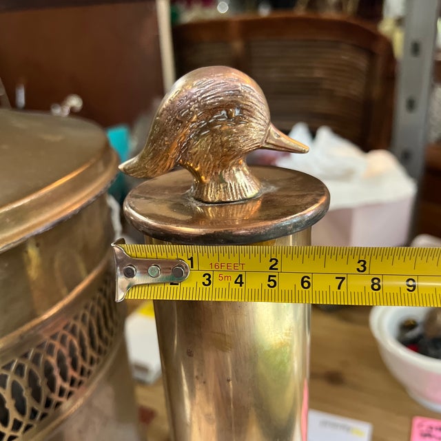 1970s Vintage Footed Pierced Brass Coal Scuttle Bucket and Tall Duck Matchstick Holder For Sale - Image 5 of 12