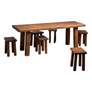 Brutalist Dining Room Set in Pine, 1970s, Set of 7 For Sale