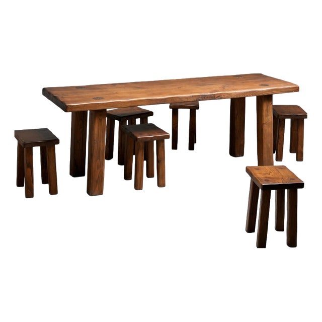 Brutalist Dining Room Set in Pine, 1970s, Set of 7 For Sale