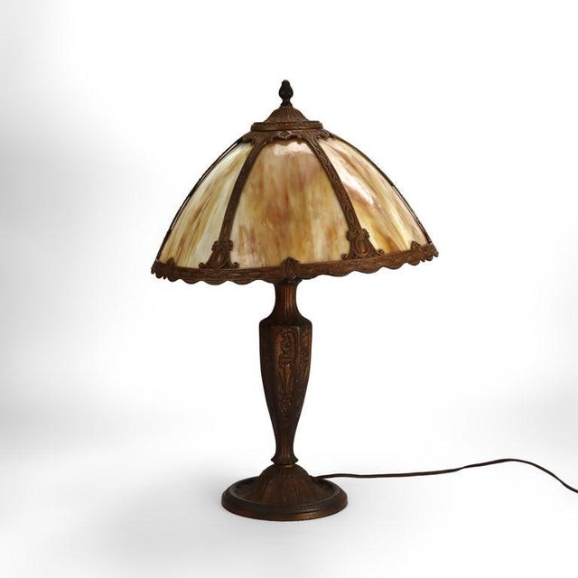 Antique Bradley & Hubbard School Arts & Crafts 6 Panel Slag Glass Lamp C1920 For Sale - Image 10 of 11
