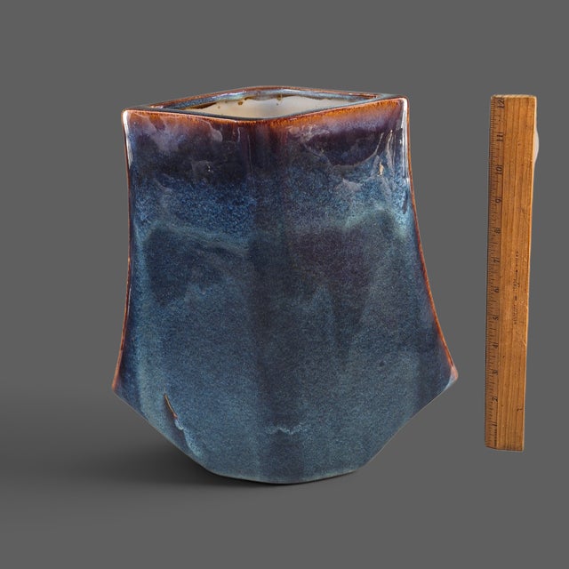 Late 20th Century Mid-Century Modern Glazed Pottery Unusual Form Blue Vase For Sale - Image 5 of 8