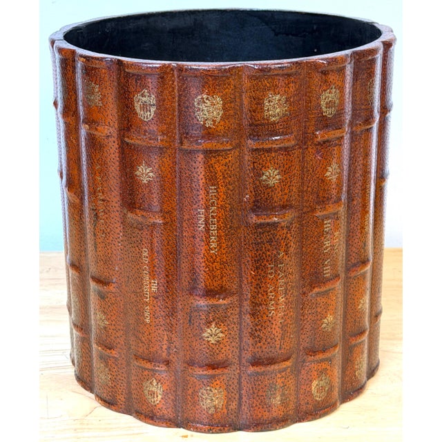 Wood Italian Neoclassical Gilt Leather Book Motif Wastepaper Basket, 20th Century For Sale - Image 7 of 18