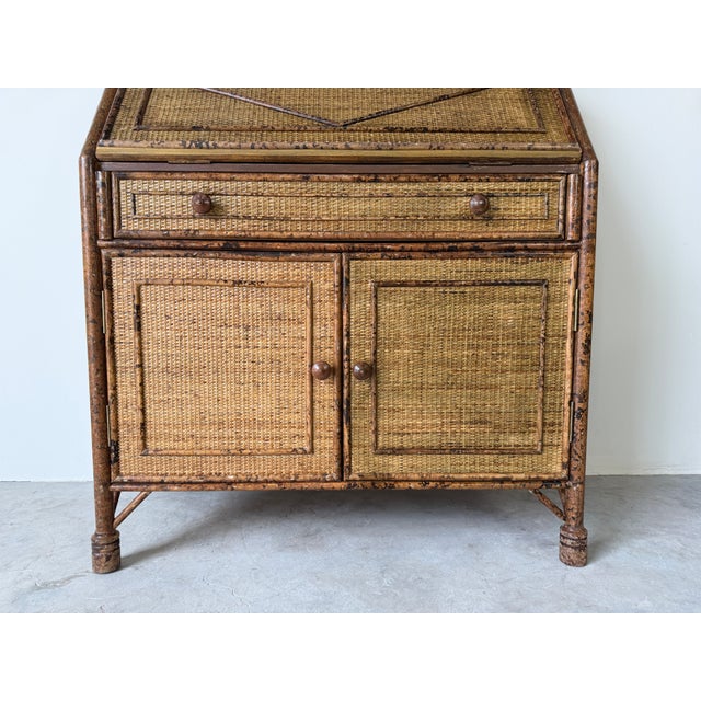 1970’s Vintage Burnt Bamboo & Woven Rattan Drop Front Secretary Desk ...