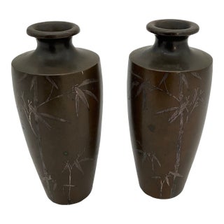 Vintage Japanese Silver Inlaid Bamboo Design Bronze Vase Set of 2 Meiji Period For Sale