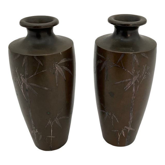 Vintage Japanese Silver Inlaid Bamboo Design Bronze Vase Set of 2 Meiji Period For Sale