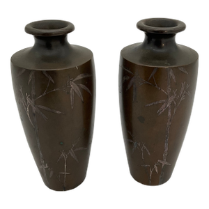 Vintage Japanese Silver Inlaid Bamboo Design Bronze Vase Set of 2 Meiji Period
