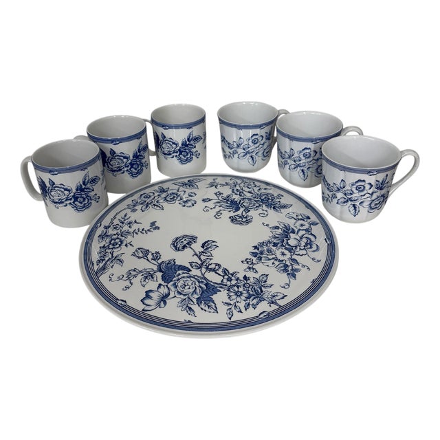 Vintage 1990s Discontinued Laura Ashley - Spode Collaboration “Clifton” Cake Plate and Coffee Mugs - Set of 7 For Sale