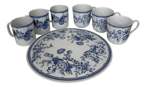Vintage 1990s Discontinued Laura Ashley - Spode Collaboration “Clifton” Cake Plate and Coffee Mugs - Set of 7