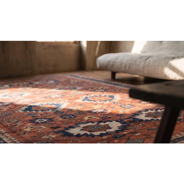 Masterly Handmade Red Background With Brown Border Medallion-Crest Design Antique Persian Rug For Sale - Image 9 of 11