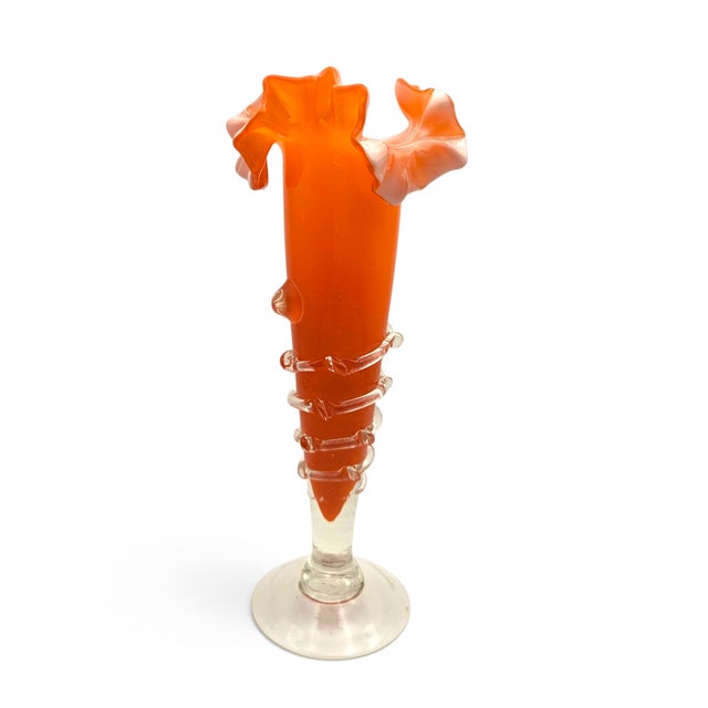 Vintage Murano Orange Art Glass Ruffled Vase W/ Applied Rigaree For Sale - Image 4 of 7