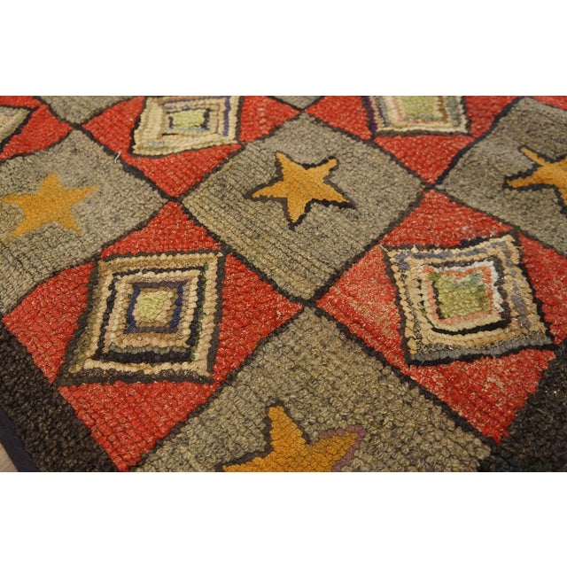 1920s Gray Red Geometric Folk Art Antique American Hooked Rug 6'8" X 7'5" Hand Knotted Wool Carpet For Sale - Image 11 of 15