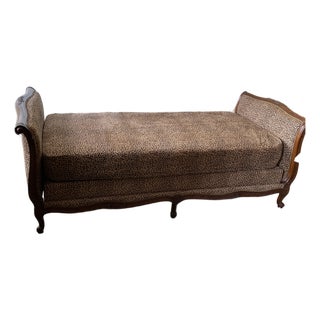 Antique French Hand Carved Walnut Daybed With Leopard Suede Upholstery For Sale