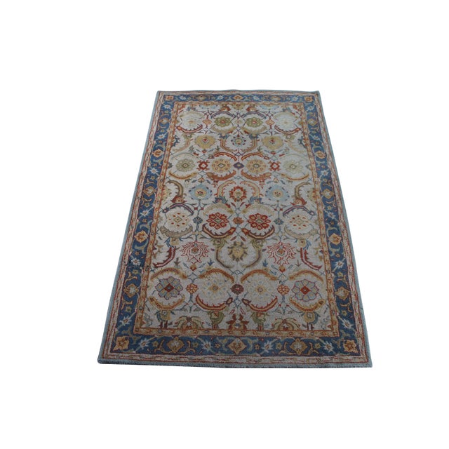Indian Woolmark Hand-Tufted Oriental Floral Eva Area Rug Beige Blue 5' X 8' For Sale - Image 3 of 13