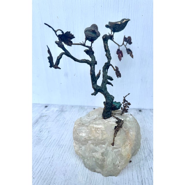 Unusual Vintage Mid Century Modern Brass Tree Birds Nest Eggs Sculpture With Marble Base For Sale - Image 4 of 10