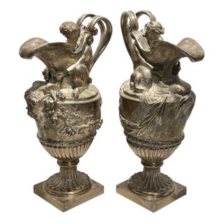19th Century French Silvered Bronze Ewer Form Vases in Louis XVI Style - A Pair For Sale
