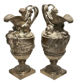 19th Century French Silvered Bronze Ewer Form Vases in Louis XVI Style - A Pair