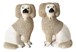 English Pair of 19th Century Staffordshire White Poodle Dogs