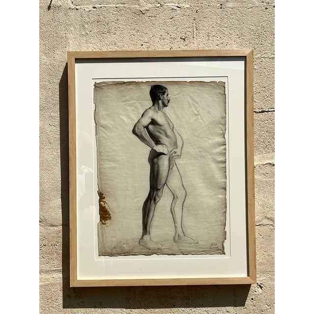 Charcoal Vintage 1930s Original Pencil Sketch of Man For Sale - Image 8 of 12