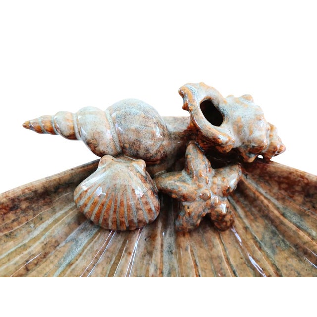 Vintage 1960's pottery trinket dish, catchall, soap dish, styling. Shell design, copper brown, beige, pale blue. Perfect...