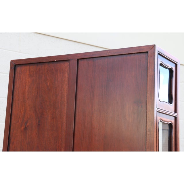 Vintage Asian-Inspired Rosewood Display Cabinet / Curio With Glass Doors and Brass Hardware For Sale - Image 17 of 18
