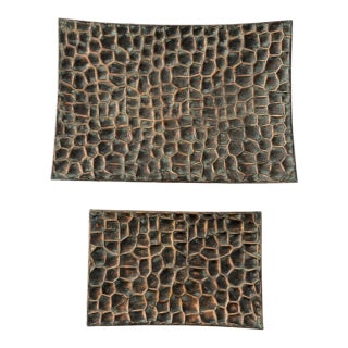 Vintage Textured Faux Crocodile Copper & Verdigris Decorative Trays - Set of 2 For Sale