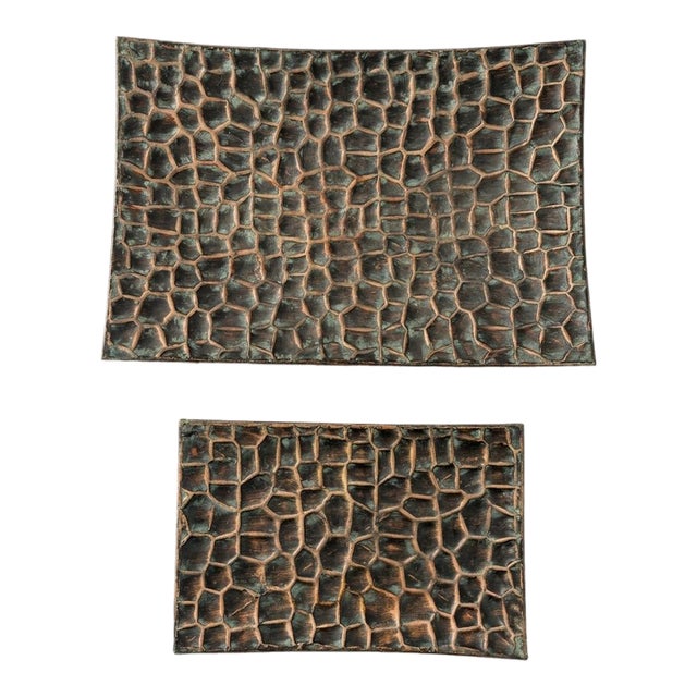 Vintage Textured Faux Crocodile Copper & Verdigris Decorative Trays - Set of 2 For Sale