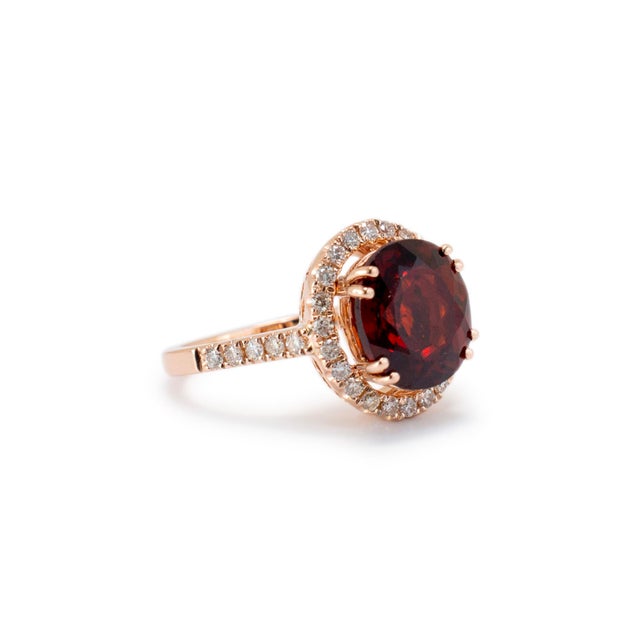 Early 21st Century Ladies 14k Rose Gold Garnet Halo Diamond Cocktail Ring, Size 5.5 For Sale - Image 5 of 9