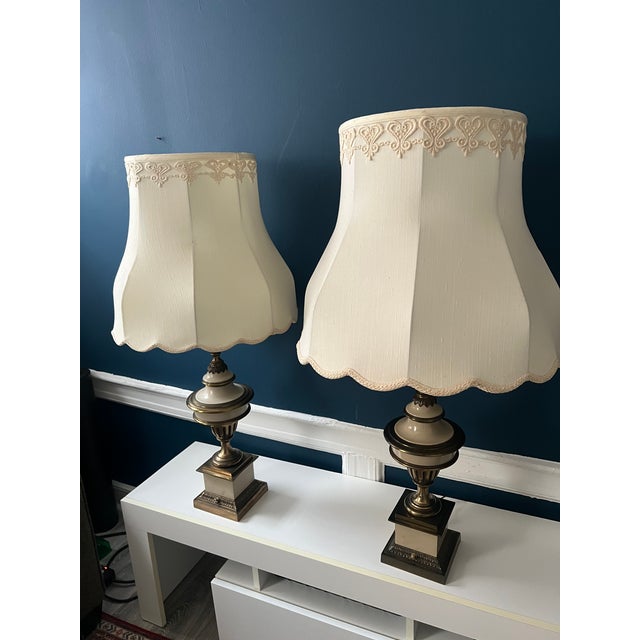 Vintage Stiffel Enameled Brass Table Lamps With Scalloped Shades — Elegant Neoclassical Form - a Pair For Sale - Image 16 of 18