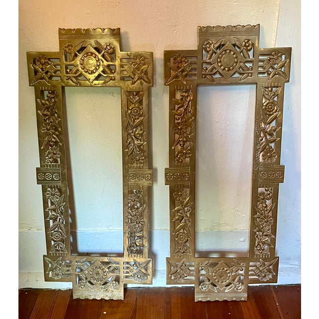 Antique 19th Century Aesthetic Movement Brass Architectural Grills or Picture Frames for Mirrors Dated 1883 - A Pair For Sale - Image 12 of 14