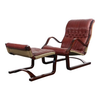 Bentwood Afromasia Chair in Oxblood Red Leather with Matching Ottoman - 2 Pieces For Sale
