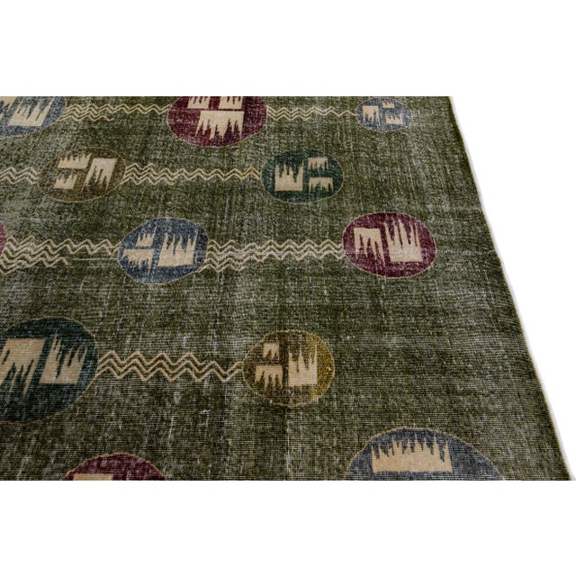 Textile Vintage Turkish Deco Handmade Geometric Pattern Green Wool Rug For Sale - Image 7 of 10