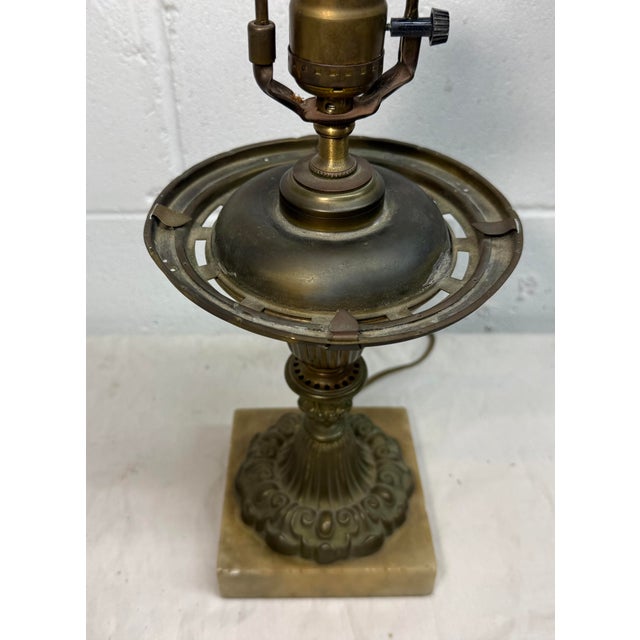 Antique Ornate 1800's Electrified Heavy Brass Marble Stone Astral Oil Table Lamp For Sale - Image 10 of 11