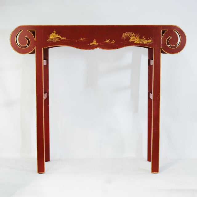 This eye-catching vintage console table is finished in a bold, vibrant Chinese red lacquer, featuring a subtle humpback...
