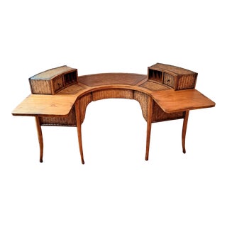 1970s Vintage Woven Rattan Curved Table Desk Horseshoe Half Moon Extendable Ends For Sale