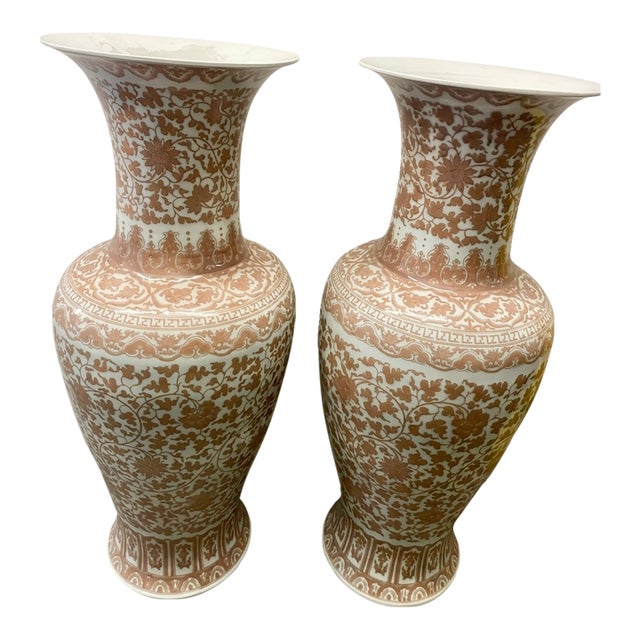 Huge Pair of 42" Chinese Iron-Red Porcelain Floor Vases For Sale