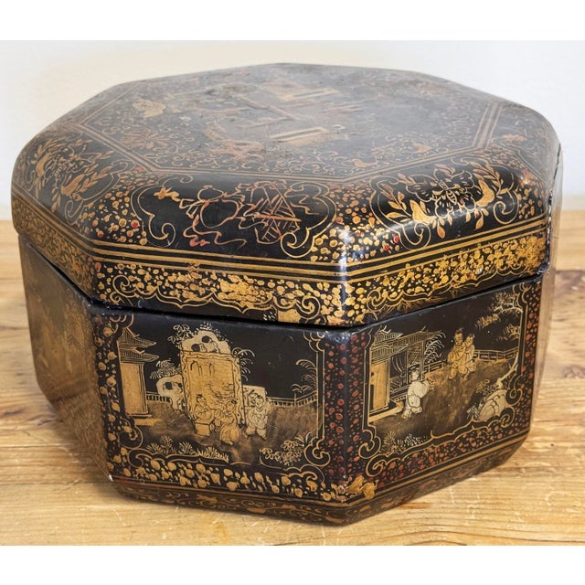 Black Antique Chinoiserie Lacquered Tea Caddy Box For Sale - Image 8 of 13