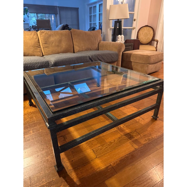 Vintage Iron and Glass Green Patina Coffee Table For Sale - Image 4 of 4