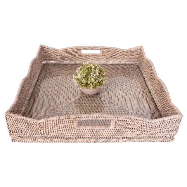 Boho Chic Artifacts Rattan Scallop Square Tray with Glass Insert in White For Sale - Image 3 of 3
