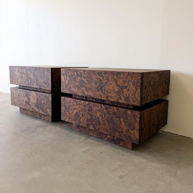 Pair of Vintage Mid Century Modern Burlwood Nightstands 1970s For Sale In Palm Springs - Image 6 of 10