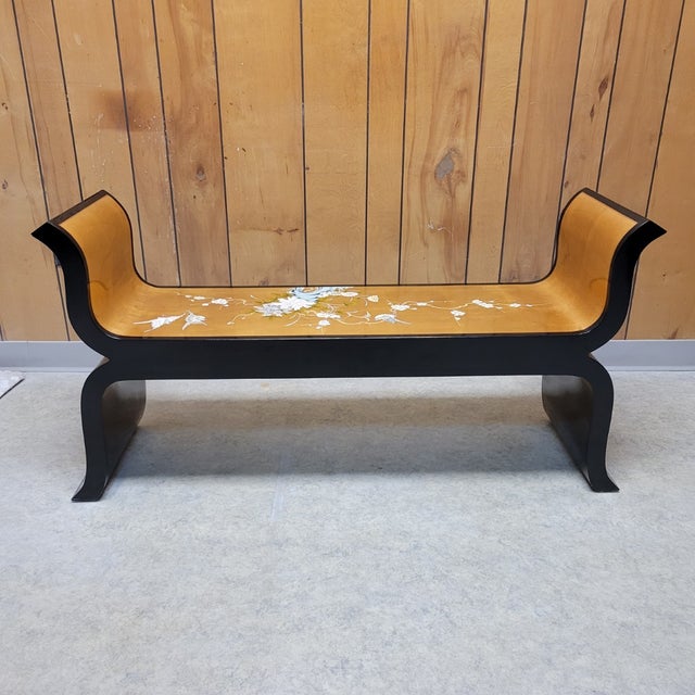 Chinoiserie Hollywood Regency Black Lacquer & Gold Leaf Chinoiserie Bench For Sale - Image 3 of 11