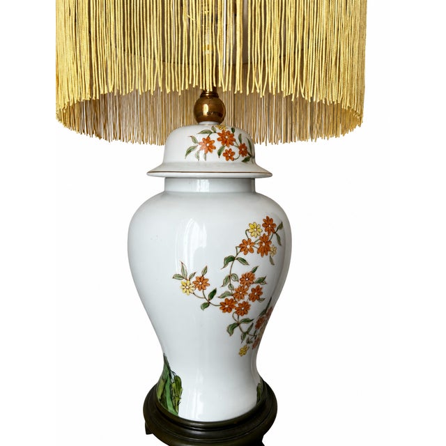 Chinoiserie Vintage Chinoiserie Floral Ginger Jar Table Lamp With Long Gold Fringe Shade For Sale - Image 3 of 16
