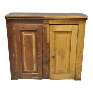 Antique French Country Colonial Wooden Hutch Cupboard Cabinet W. Blue Interior For Sale