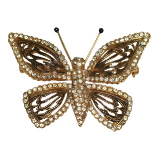 Mid 20th Century Vogue Articulated Gold Plate Enameled Diamante Butterfly Brooch For Sale