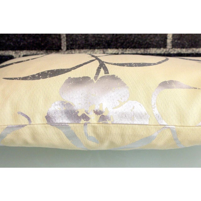 Vintage Silver Floral Hand-Painted Double- Sided Lumbar Pillow With Beaded Trim For Sale - Image 10 of 13