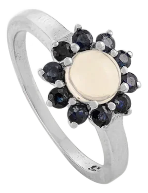 Carat&her Art Deco Round Opal & Sapphire Floral Ring Set in 925 Sterlng Silver - Size 7.5