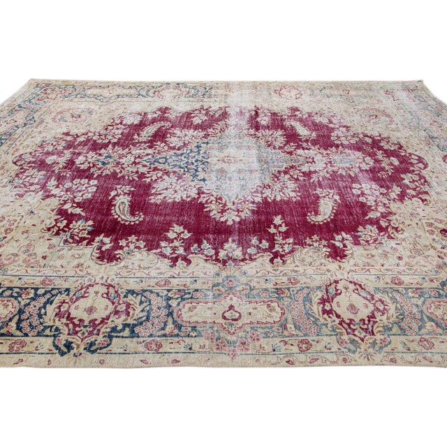 1960s Vintage Distressed Handmade Medallion Red Wool Rug For Sale - Image 5 of 8