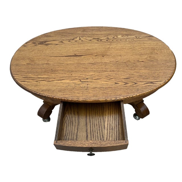 Oval Coffee Table Tiger Oak, Center Drawer, Shelf, Empire Style, Caster Wheels For Sale In Palm Springs - Image 6 of 13