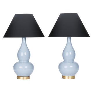 Casa Cosima Double Gourd Table Lamp, Dove Craquelure/Ivory Shade, a Pair For Sale