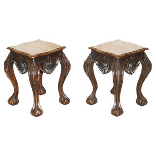 Hand Carved Hardwood Claw & Ball Side Tables, 1900s, Set of 2 For Sale