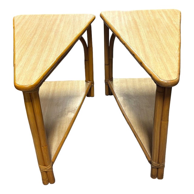 1950s Restored MCM Rattan & Formica 2-Tiered High Arch 3-Strand Wedge Side Table, Pair For Sale